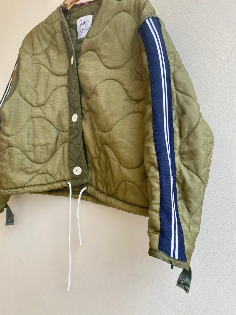 Olive Green Army Liner Quilted Coat w/ White Drawstring & Navy White Striped Sleeves - Made X Hudson