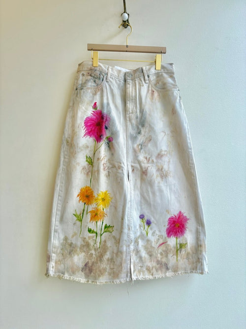 "Christi" Eco-Printed and Hand Drawn Tan Denim Skirt (Reworked) - Made X Hudson