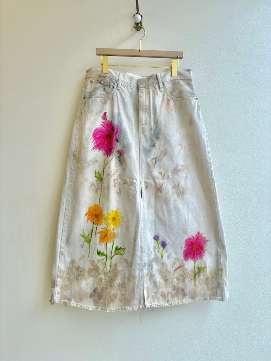 "Christi" Eco-Printed and Hand Drawn Tan Denim Skirt (Reworked) - Made X Hudson