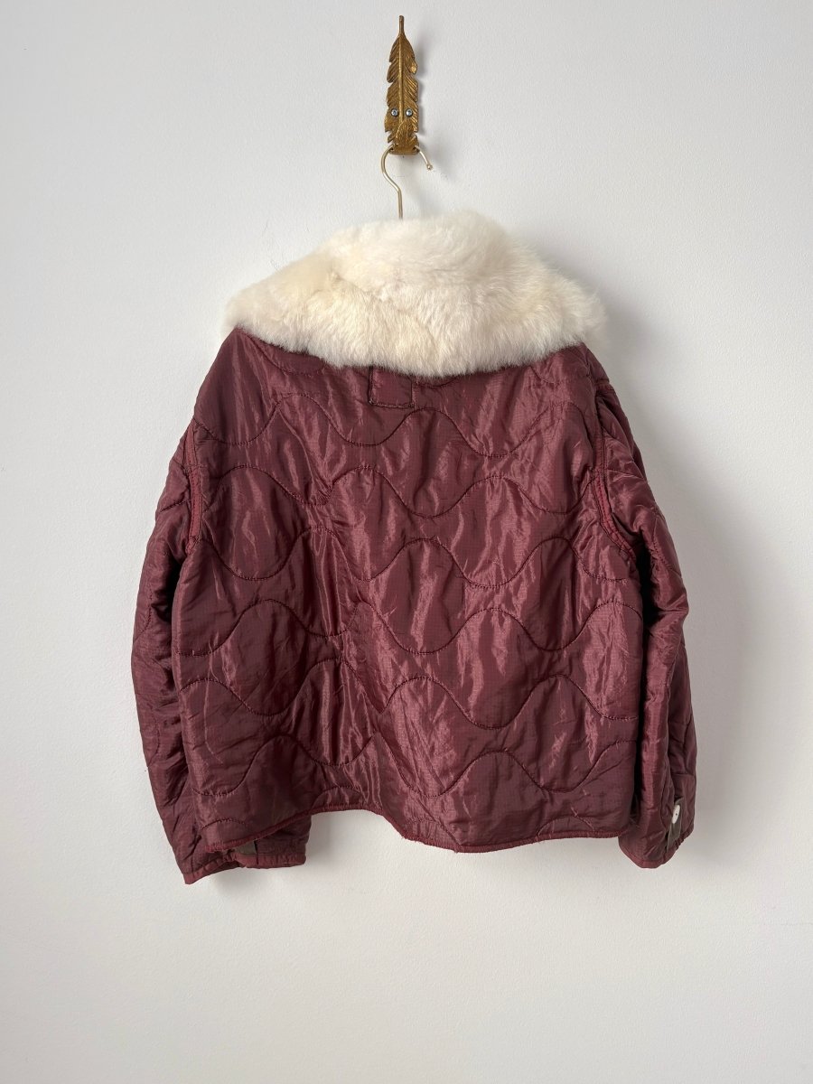 Burgundy Army Liner Quilted Coat w/ White Alpaca Fur Collar & White Buttons (Reworked) - Made X Hudson