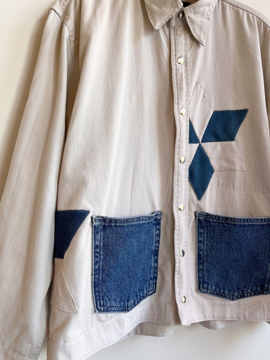 White Denim Shirtjacket w/ White & Blue Lemoyne Star & Dark Blue Pockets (Reworked) - Made X Hudson