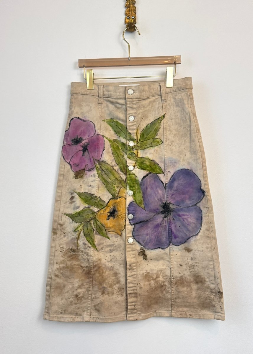"Mira" Eco-Printed and Hand Drawn Beige Button Front Denim Skirt (Reworked) - Made X Hudson