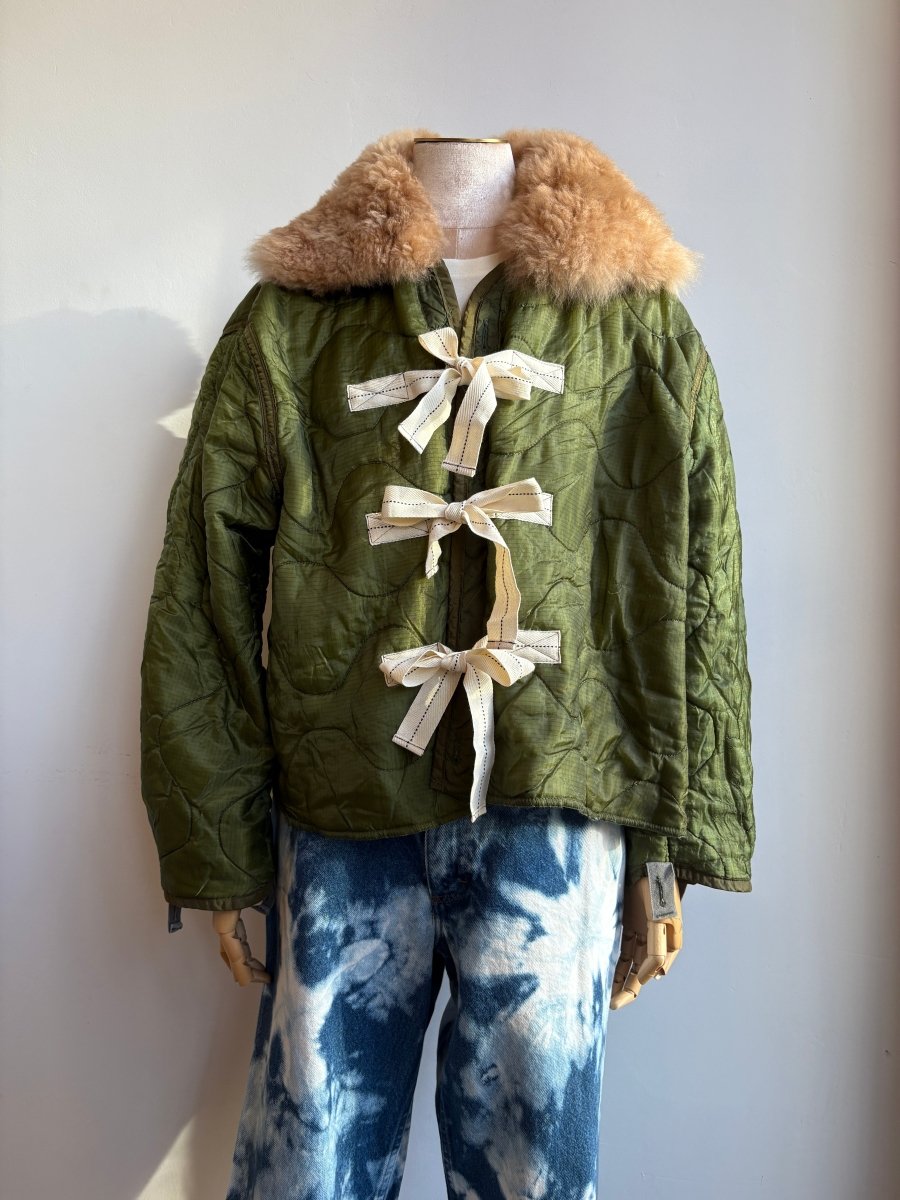 Olive Green Army Liner Quilted Coat w/ Caramel Alpaca Fur Collar & Twill Tape Ties (Reworked) - Made X Hudson