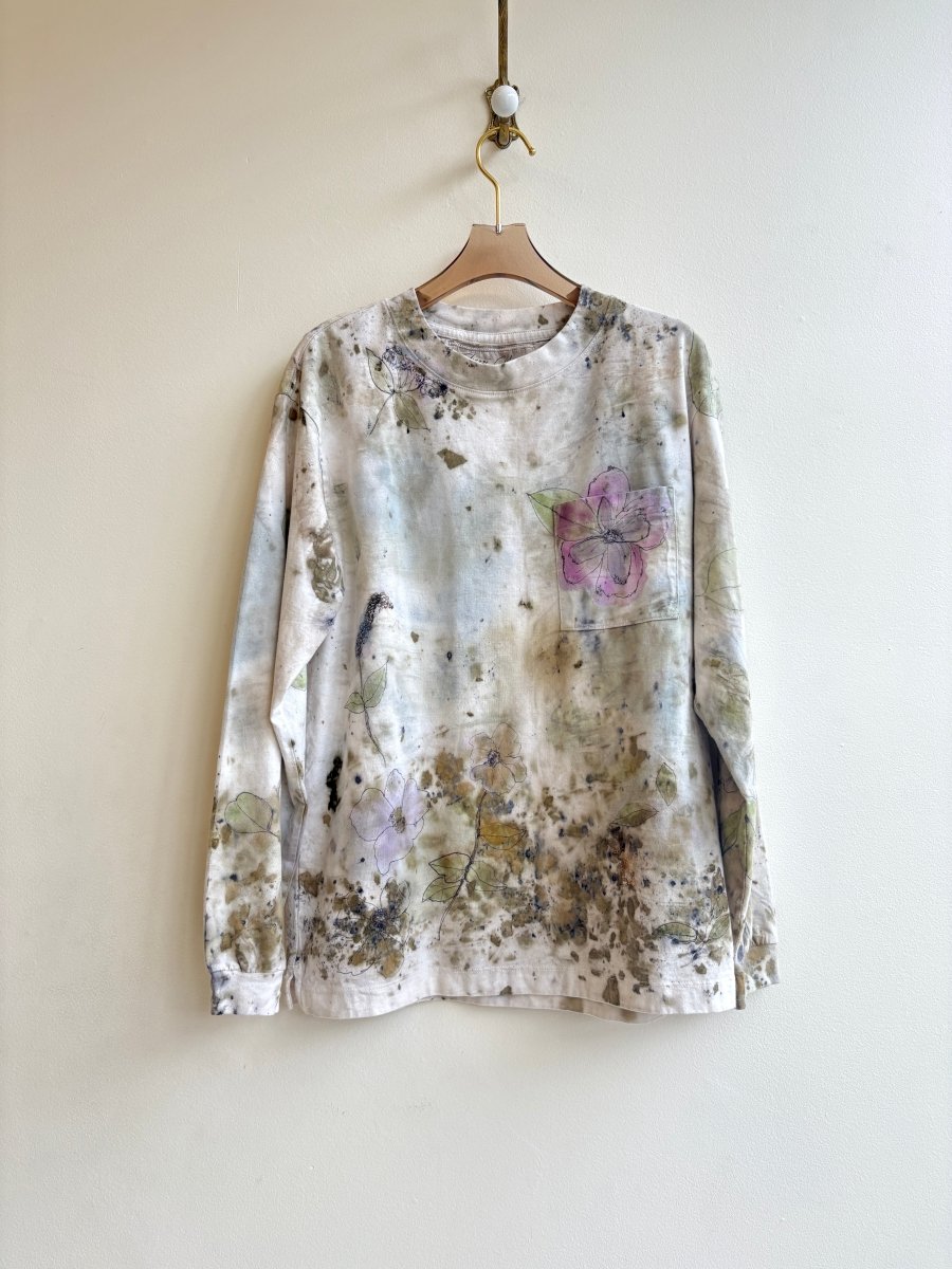 Pink Poppies & Green Eco Printed & Hand Drawn Long Sleeve Top (Reworked) - Made X Hudson