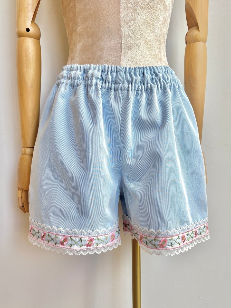 Pale Blue Micro Stripe & Pink Flower Lace Trim Town Shorts - Made X Hudson