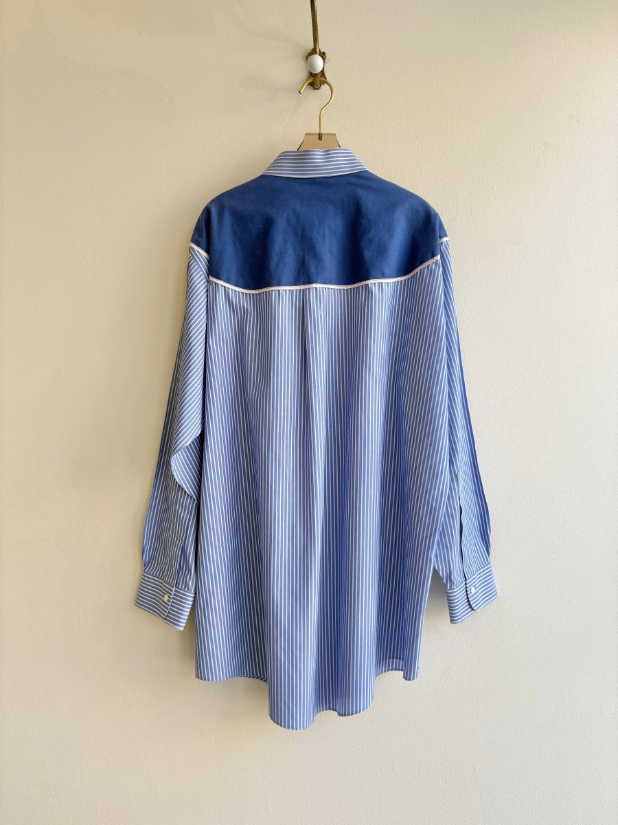 Austin Top | Blue & White Striped Button Down Top w/ Dark Blue Shoulder Accent (Reworked) - Made X Hudson