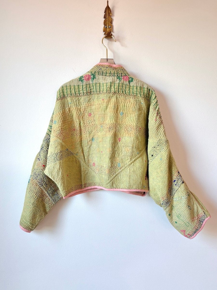 Reversible Kaira Quilted Cropped Jacket in Colors Tan, Pale Pink, & Lime - Made X Hudson