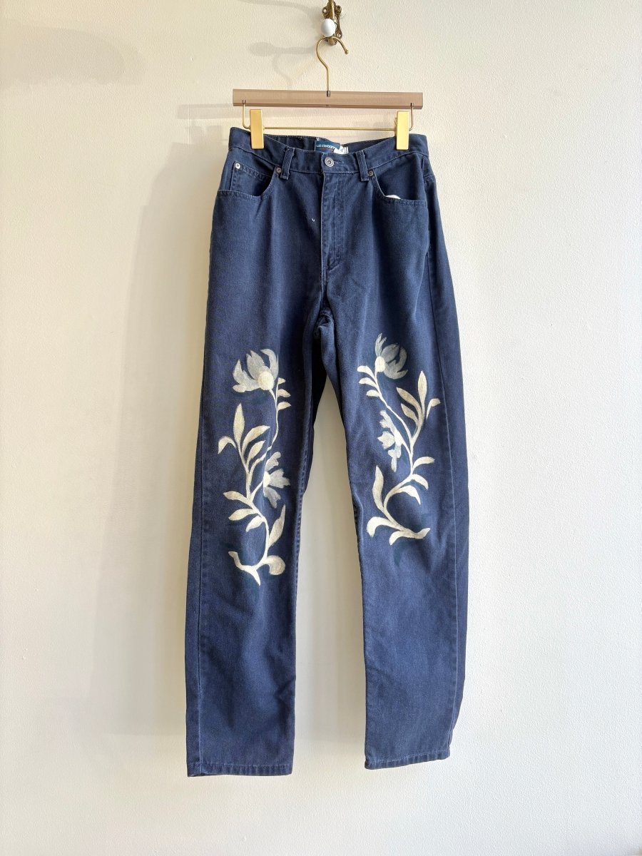 Mirrored Folk Floral Jeans in Dusky Blue | Hand Painted (Reworked) - Made X Hudson