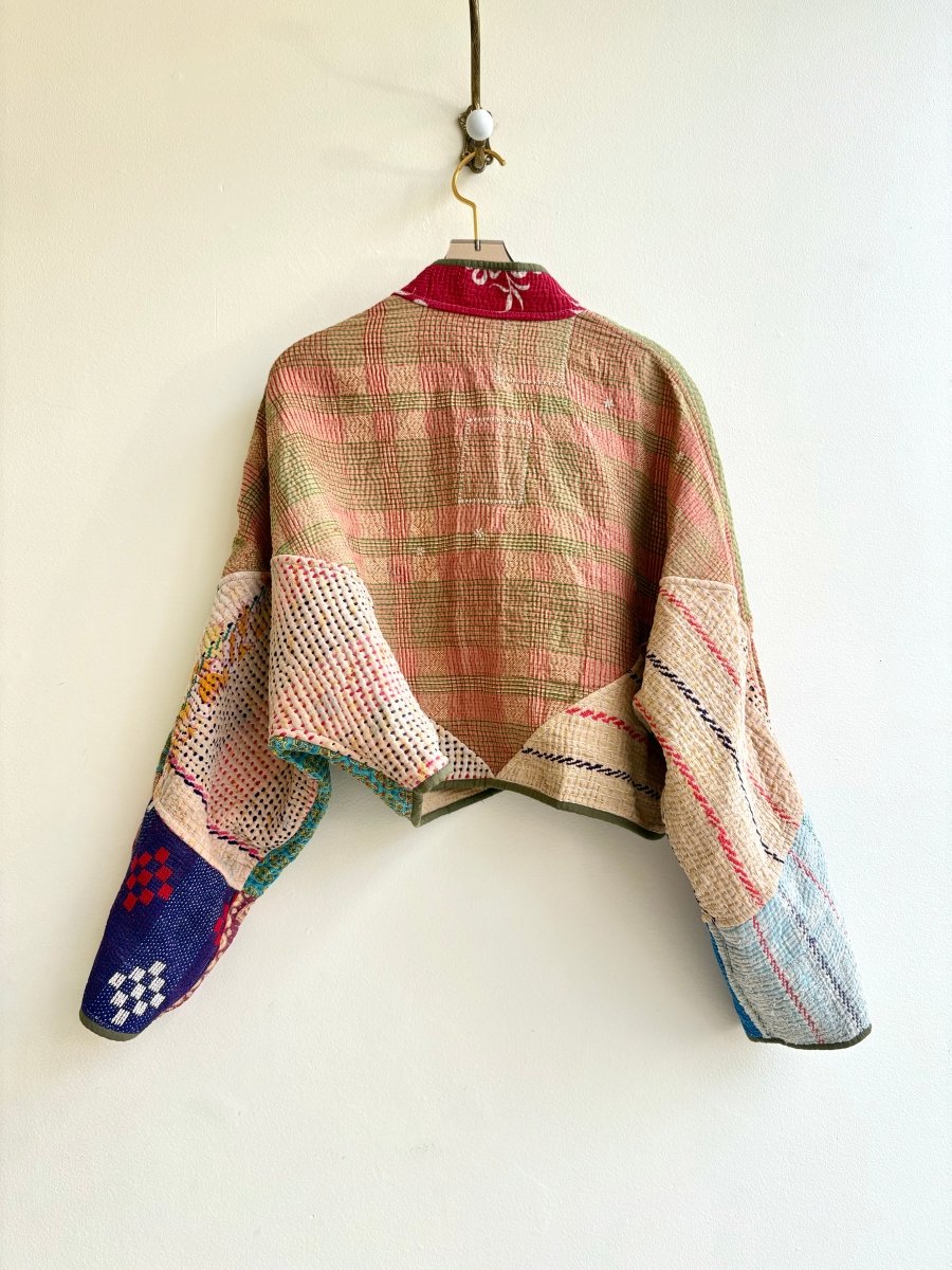 Reversible Kaira Quilted Cropped Jacket in Colors Green, Tan, Pink, Red, Blue, Orange & Mauve, Tan, Blue, Mustard - Made X Hudson