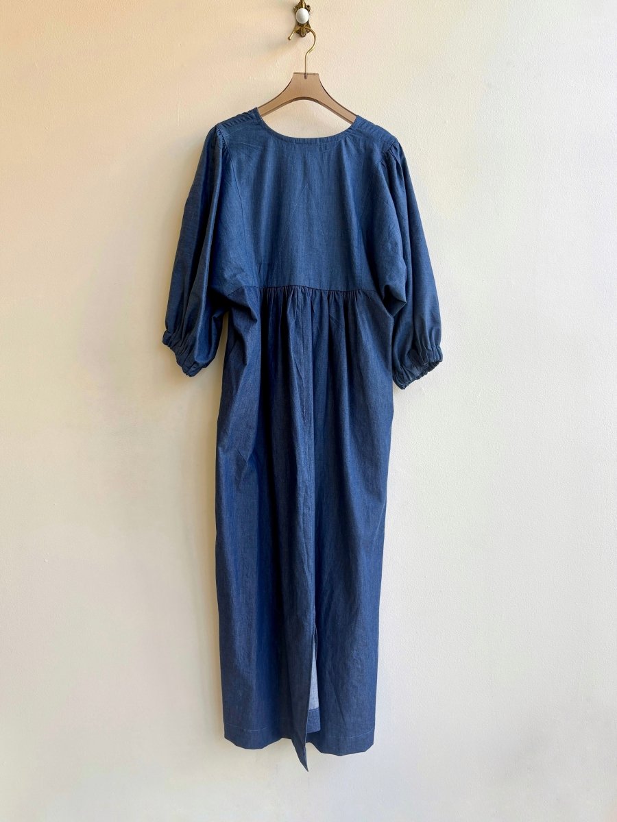 Deep V - Neck Denim Blue Zero Waste Caftan Dress - Made X Hudson