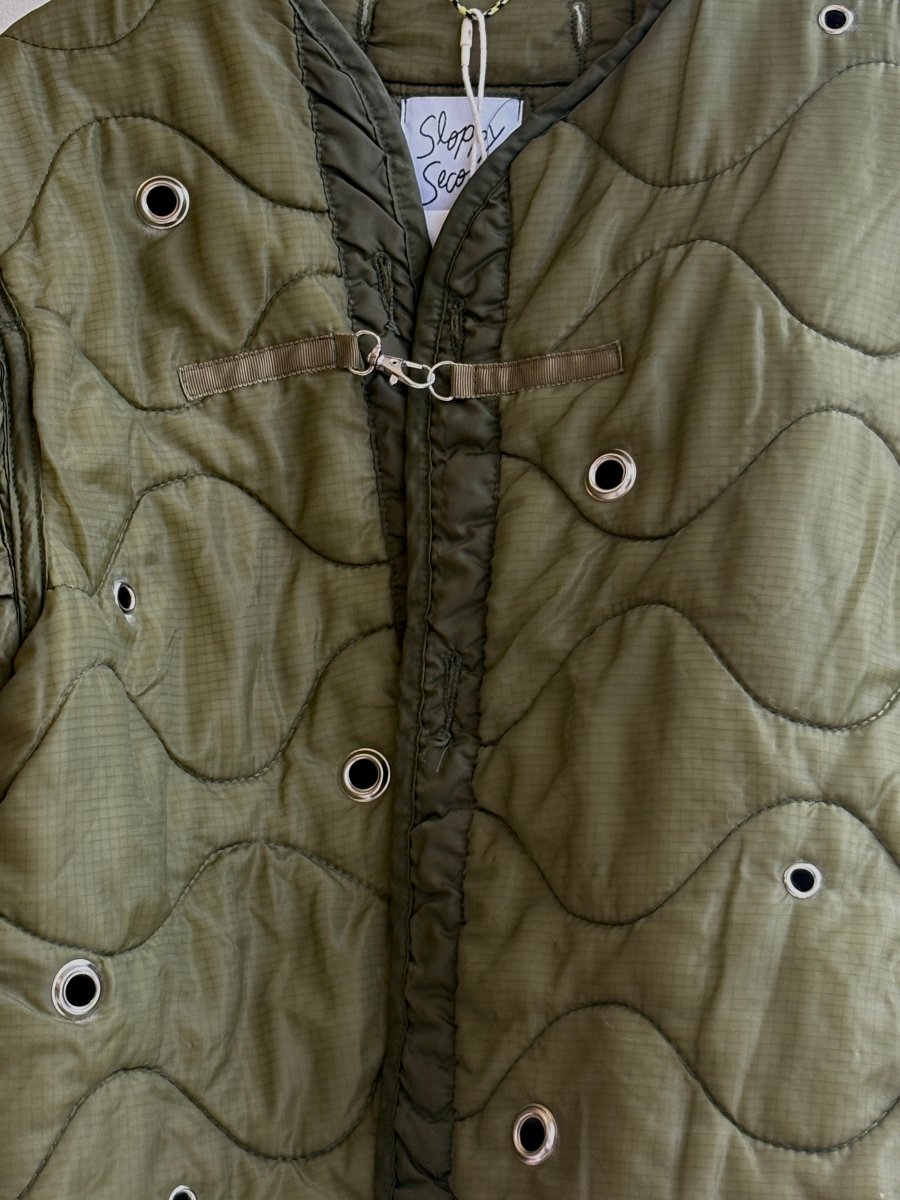 Olive Green Army Liner Quilted Coat w/ Silver Grommets & Clasp (Reworked) - Made X Hudson