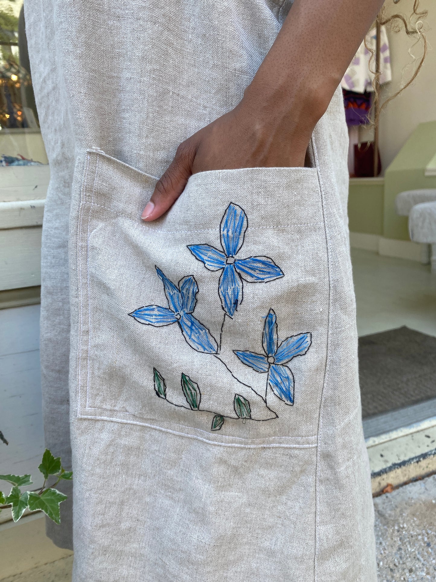 Beige Organic Linen Hand-Embroidered Pinafore Apron w/ Blue & Green Floral