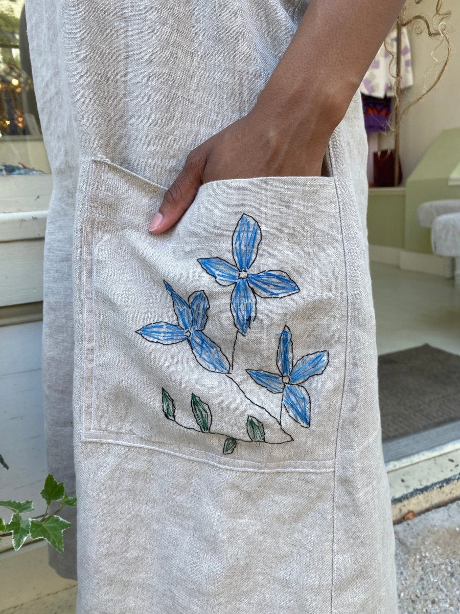 Beige Organic Linen Hand - Embroidered Pinafore Apron w/ Blue & Green Floral - Made X Hudson