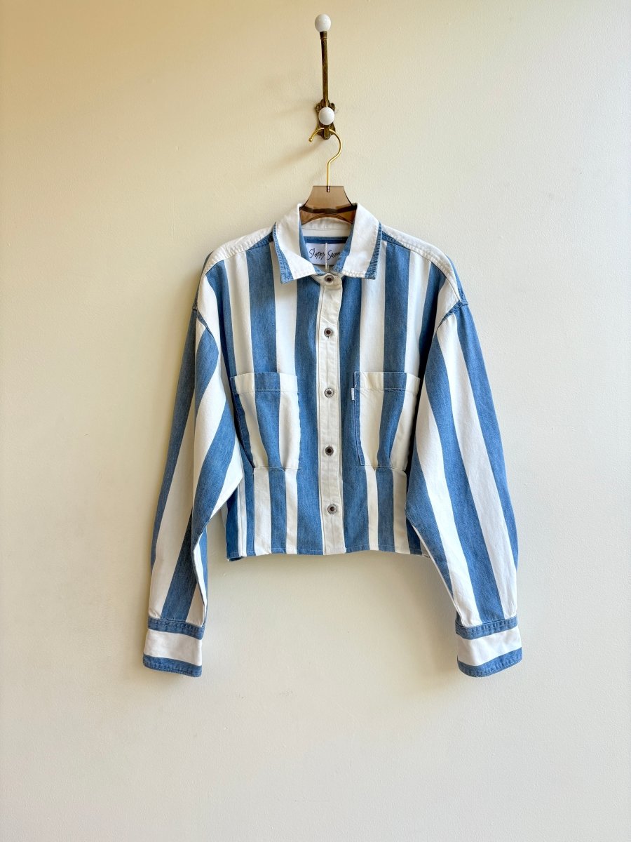 The Kevin Top | Blue & White Wide Stripe Denim Top w/ Gathered Waist (Reworked) - Made X Hudson