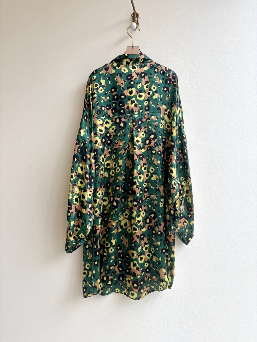 Silk Button Down Long Shirt in Forest Green, Bronze, and Black Floral Print - Made X Hudson
