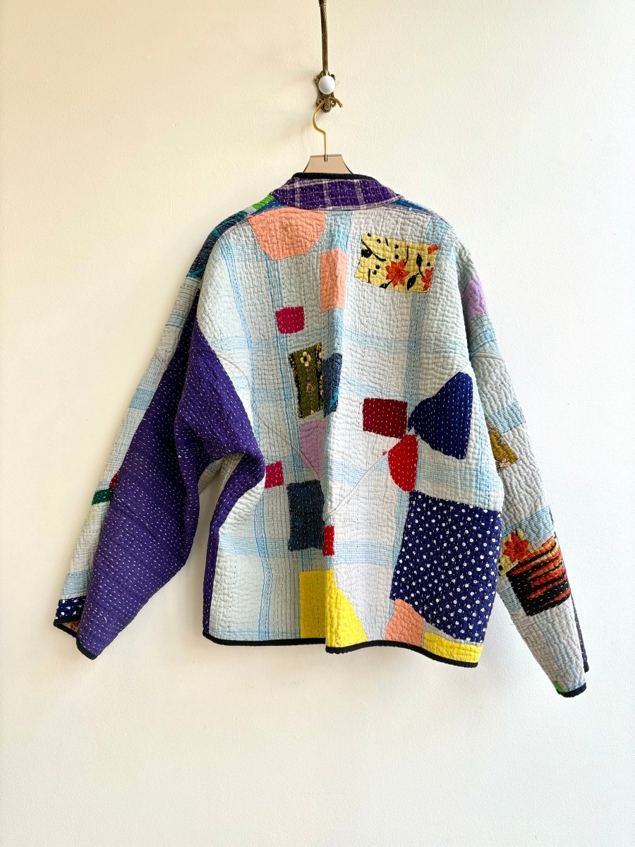 Reversible Ladhiya Quilted Jacket in Colors Blue, Purple, Multi Patchwork & Sunset Orange, Yellow, Coral - Made X Hudson
