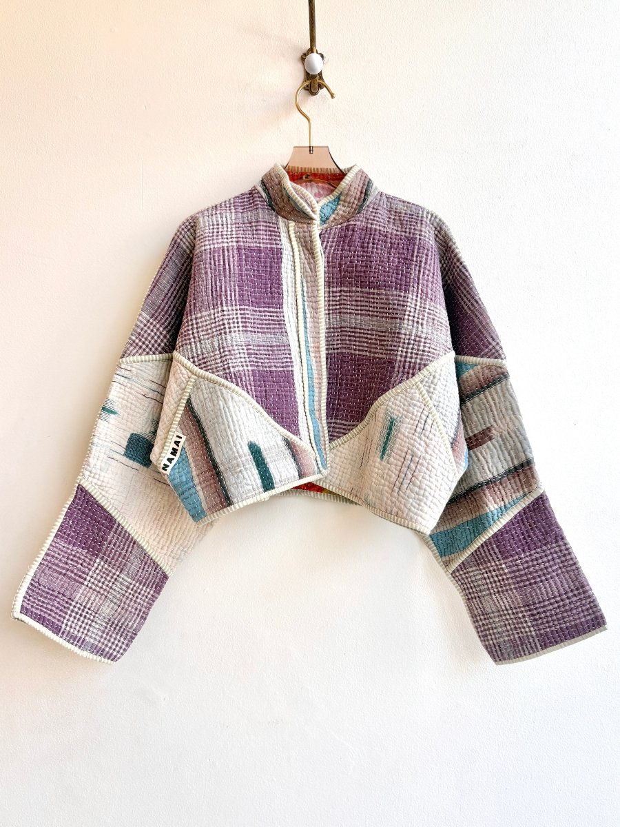 Reversible Kaira Quilted Cropped Jacket in Colors Purple Plaid, Cream, Baby Blue & Carrot Orange, Teal Blue, Yellow, Cream - Made X Hudson