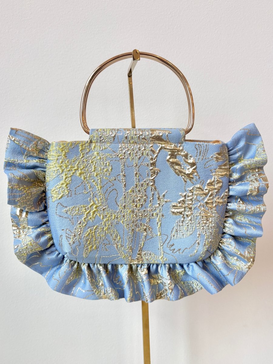 Misty Blue Abstract Gold Brocade Minnie Ruffle Bag - Made X Hudson