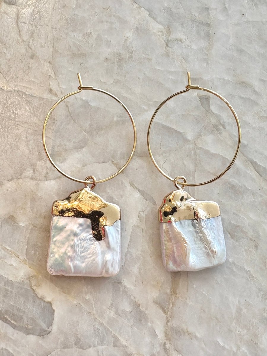 Square Baroque Dipped Pearl Dangler 18k Gold Fill Hoop Earrings - Made X Hudson