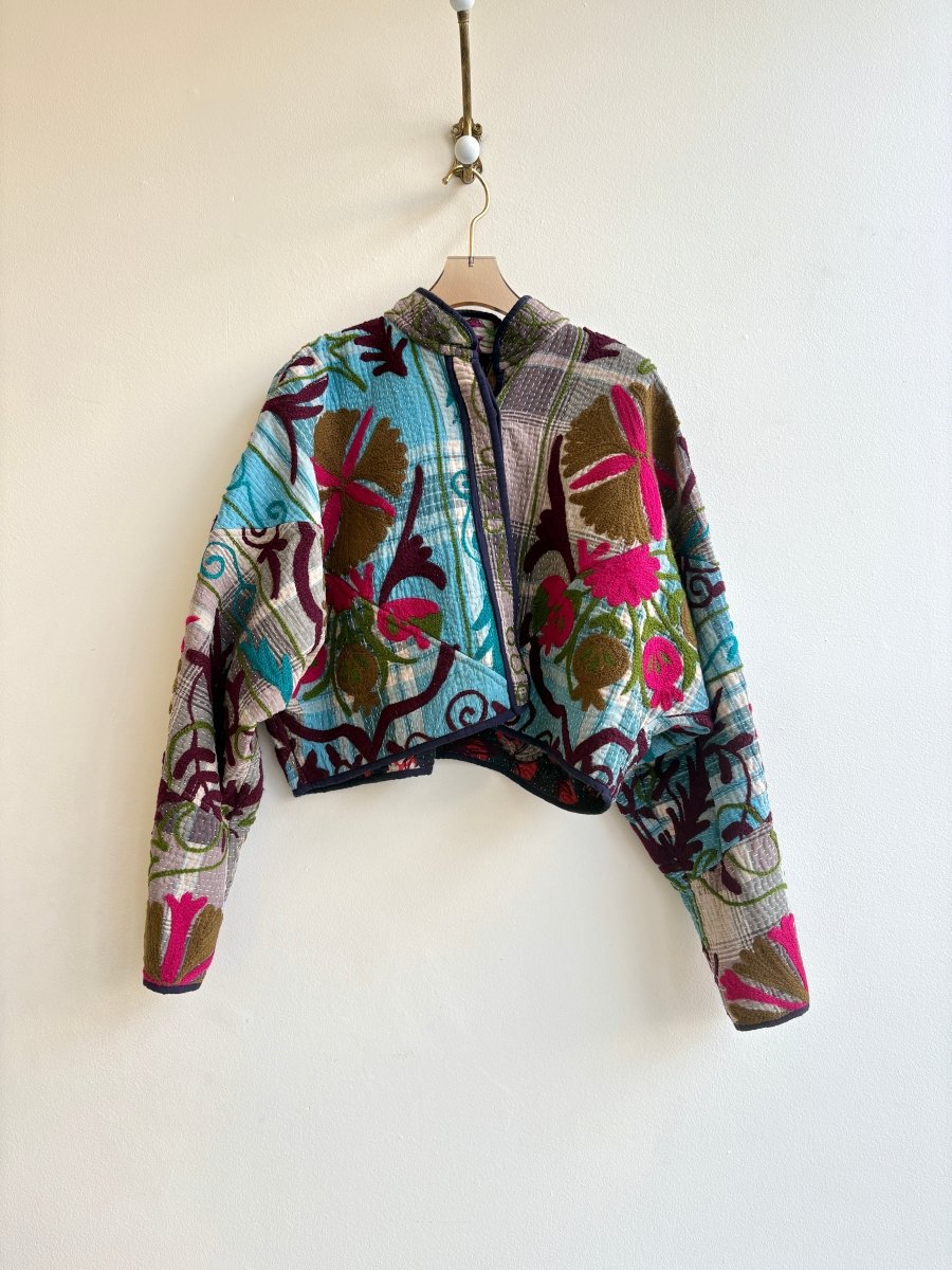 Reversible Suzani Quilted Cropped Jacket in Colors Green, Purple, Burgundy, Mustard & Sky Blue, Grey, Purple, Hot Pink - Made X Hudson