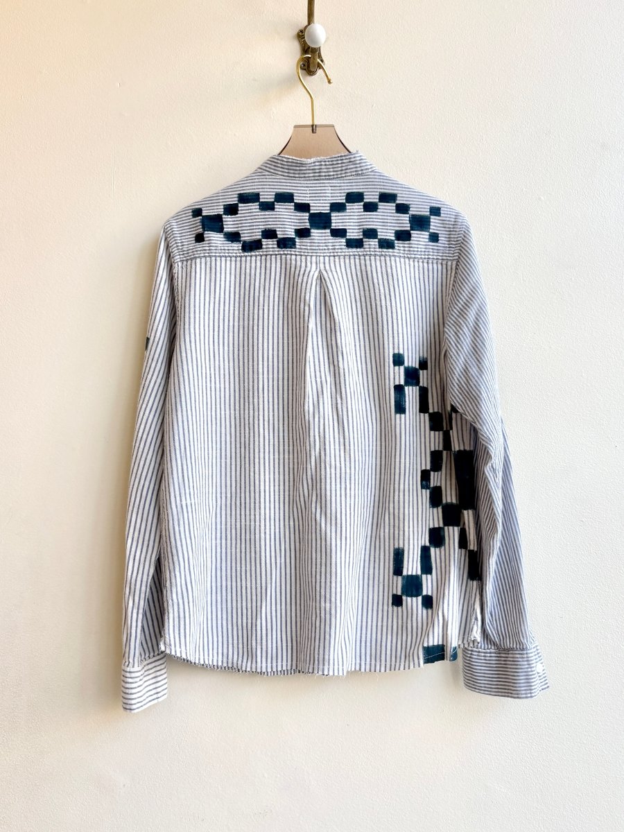 Dark Ocean Quilt Checker Mixed Stripe Crop Button-Up | Hand Painted (Reworked) - Made X Hudson
