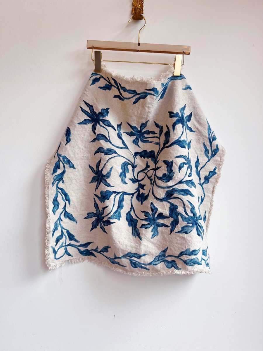 Hand Painted Blue Floral Motif on Natural Linen Bandana Scarf - Made X Hudson