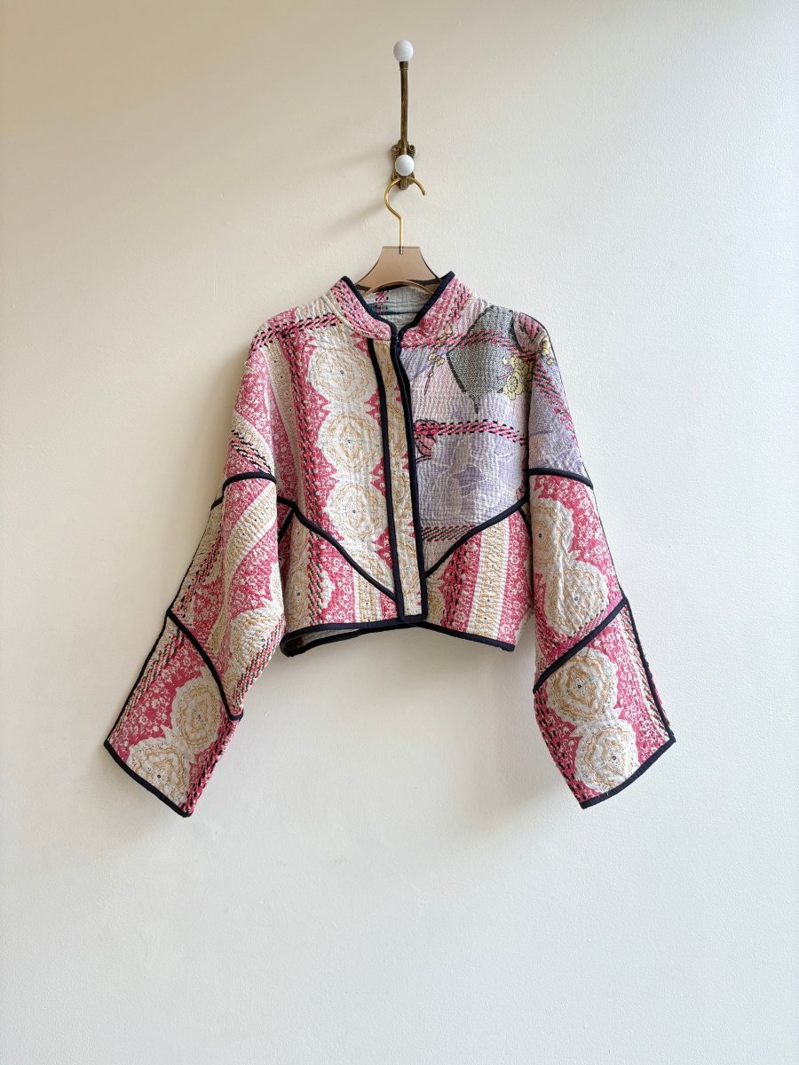 Reversible Kaira Quilted Cropped Jacket in Colors Ivory, Pink, Lavender, Yellow & Ivory, Brown, Sage, Green - Made X Hudson