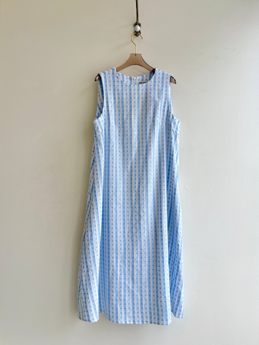 Blue and White Lace Striped Embroidered Chore Dress - Made X Hudson