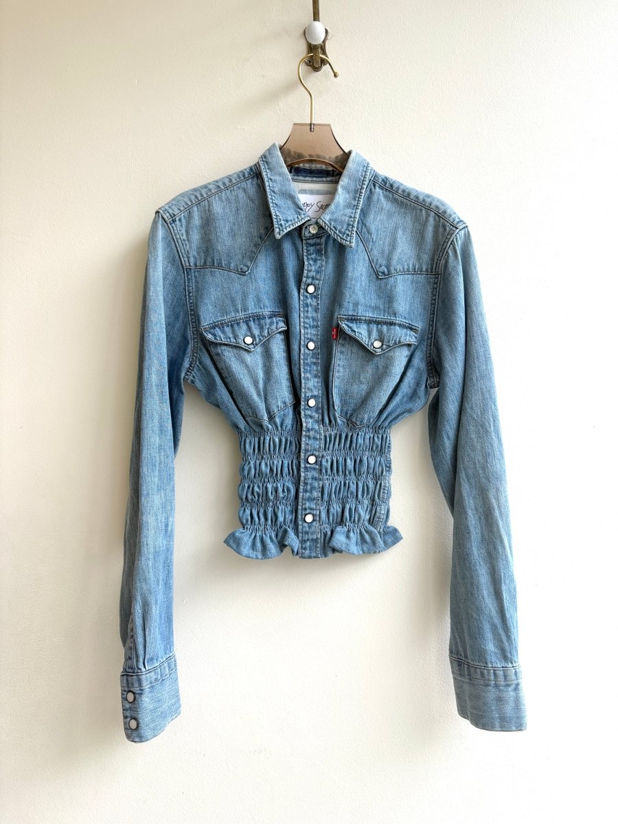 The George Top | Light Wash Blue Denim Snap Down Top w/ Smocked Waist (Reworked) - Made X Hudson