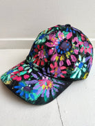 "Zelie" Black Baseball Cap w/ Pink and Aquamarine Neon Flowers | Hand Painted - Made X Hudson