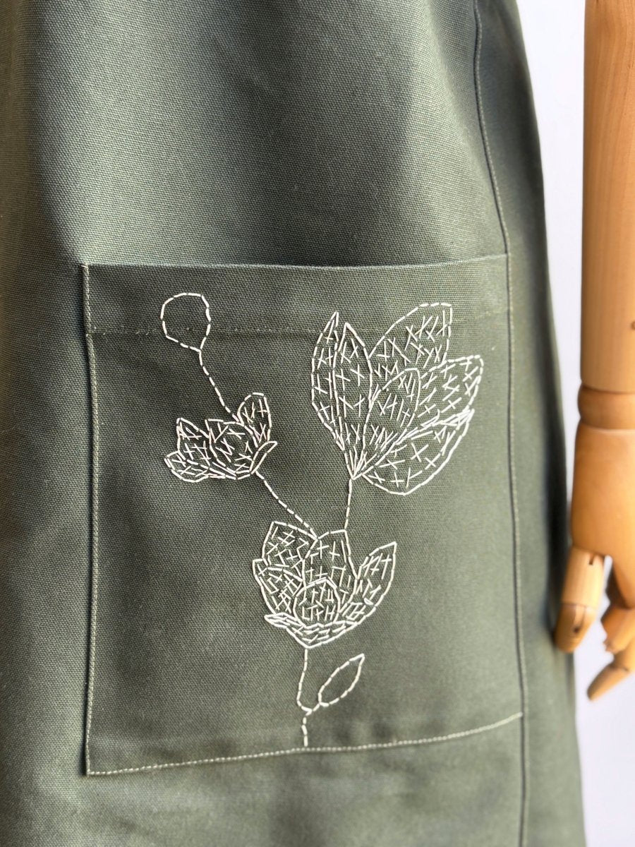 Army Green Cotton Canvas Hand - Embroidered Pinafore Apron - Made X Hudson
