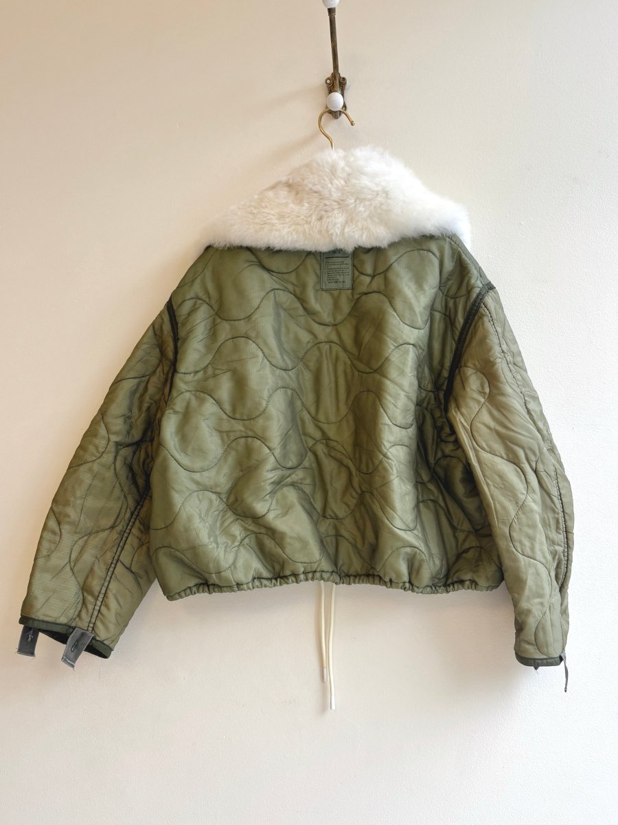 Olive Army Liner Quilted Coat w/ White Alpaca Fur Collar, White Buttons, Light Colored Patch Pockets & Drawstring (Reworked) - Made X Hudson