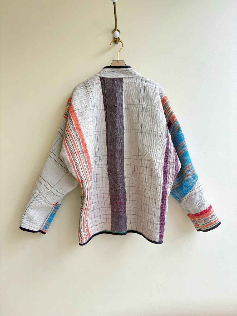 Reversible Ladhiya Quilted Jacket in Multicolored Stripe & White, Mauve, Blue, Peach - Made X Hudson