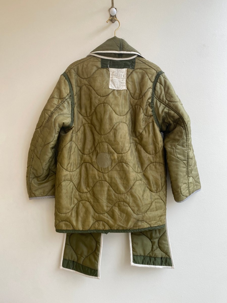 Olive Green Army Liner Quilted Coat w/ Scarf & White Buttons (Reworked) - Made X Hudson