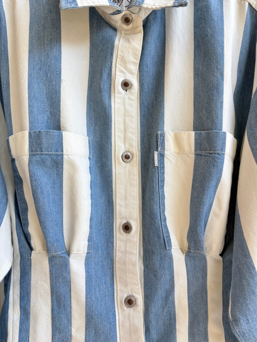 The Kevin Top | Blue & White Wide Stripe Denim Top w/ Gathered Waist (Reworked) - Made X Hudson