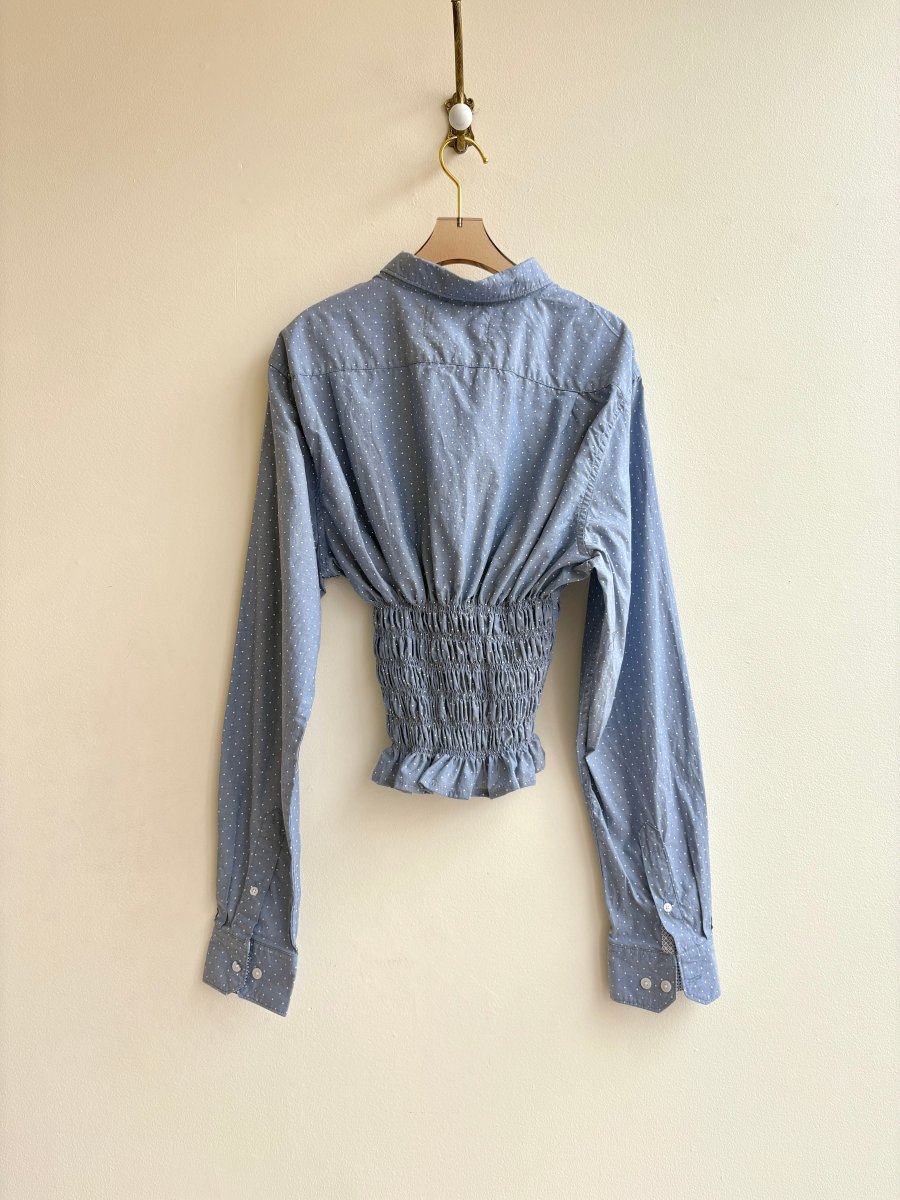 The George Top | Dove Grey Polka Dot Print Button Down Top w/ Smocked Waist (Reworked) - Made X Hudson