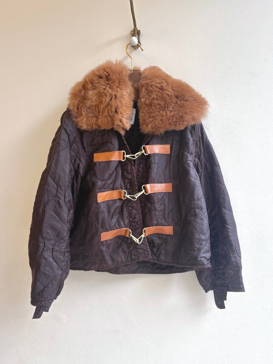 Coco Army Liner Quilted Coat w/ Brown Alpaca Fur Collar & Tan Gold Clasps (Reworked) - Made X Hudson