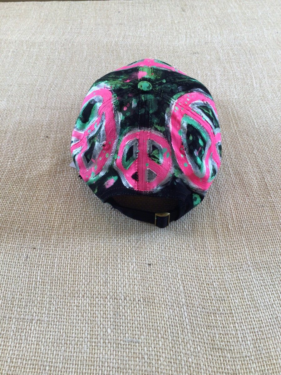 Black Hand Painted Neon Pink Peace Signs Baseball Cap - Made X Hudson