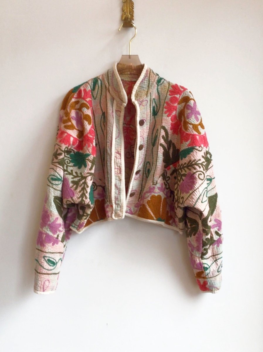 Reversible Kaira Quilted Cropped Jacket in Colors Blush, Mauve, Grey & Powder Blue, Blush - Made X Hudson