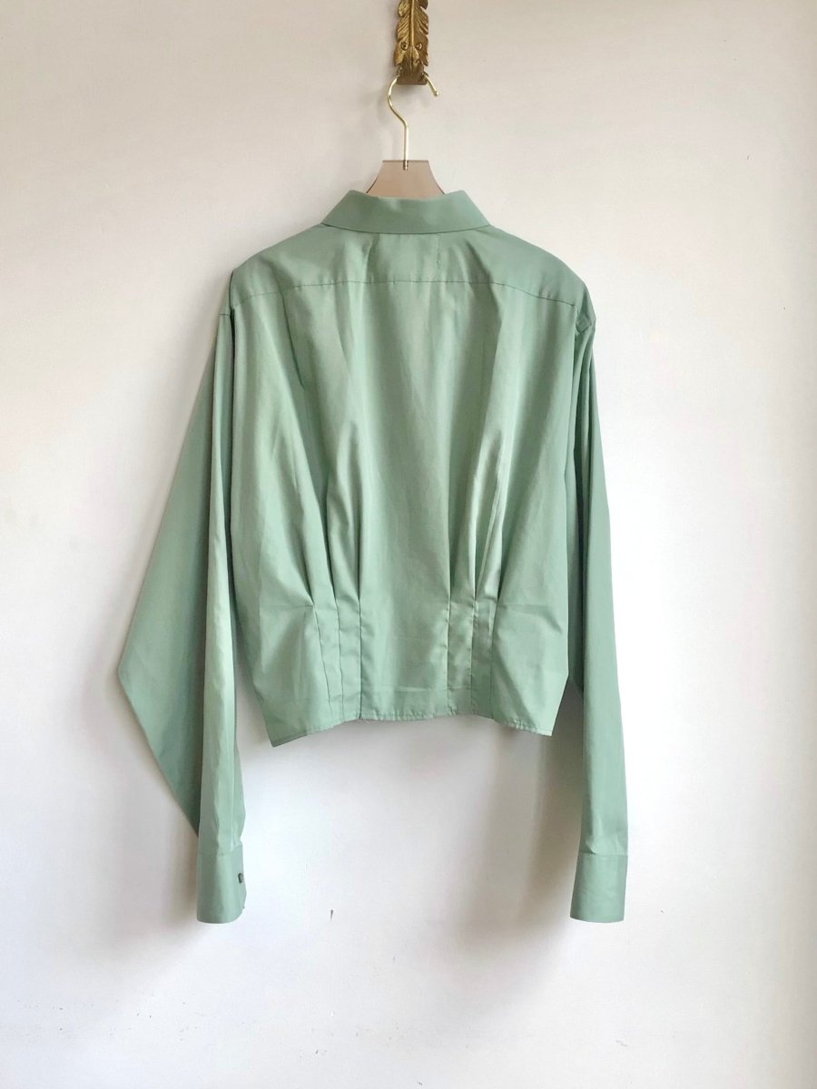 The Kevin Top | Sage Green Cotton Button Down Top w/ Gathered Waist (Reworked) - Made X Hudson