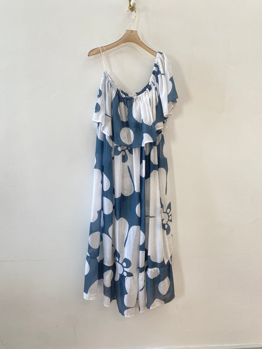 Blue Pareo Print One-Shoulder Dress