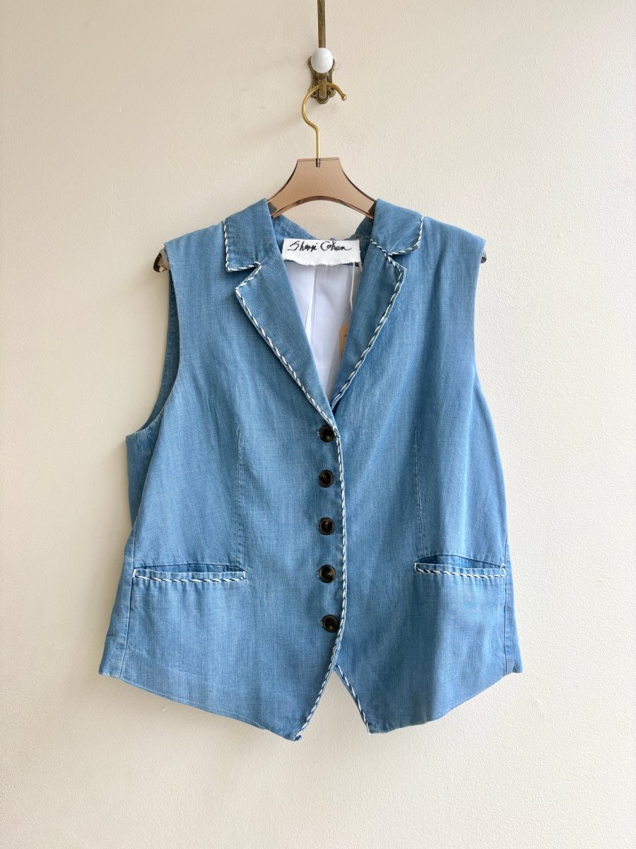 Chambray Denim Vest with White and Blue Stitching (Reworked) - Made X Hudson