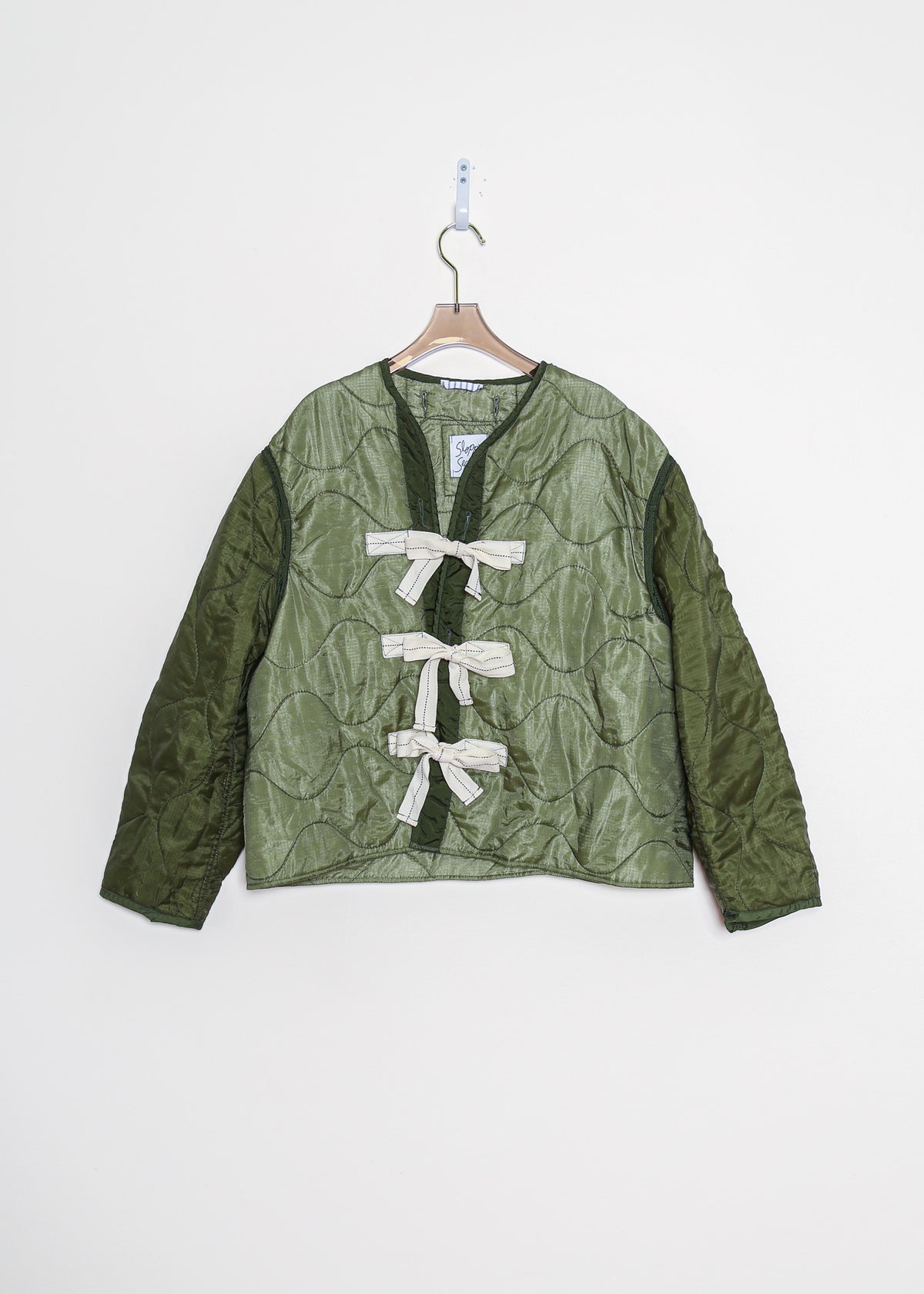 Green Army Liner Quilted Coat with Twill Tape Ties (Reworked)