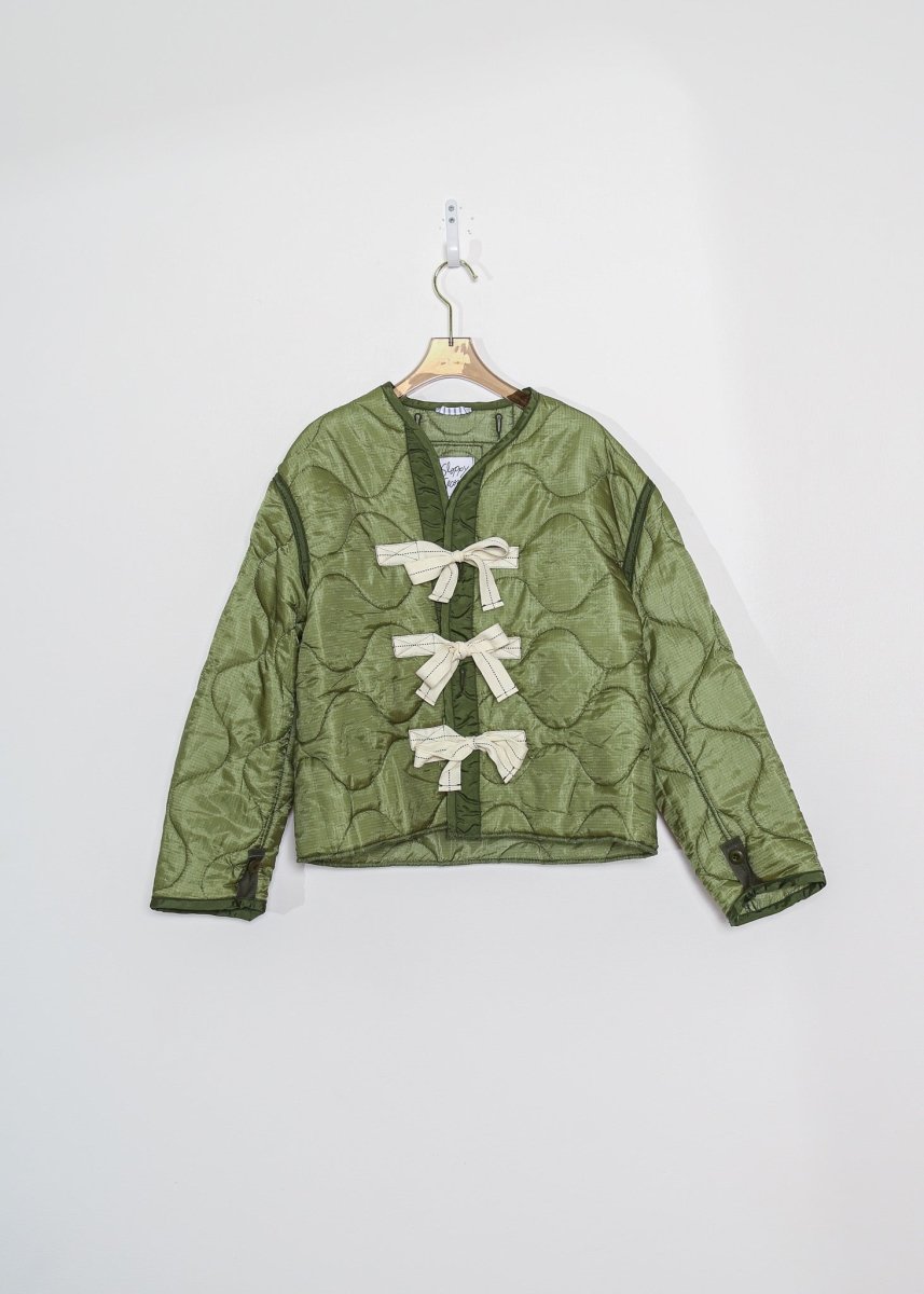 Green Army Liner Quilted Coat with Twill Tape Ties (Reworked)