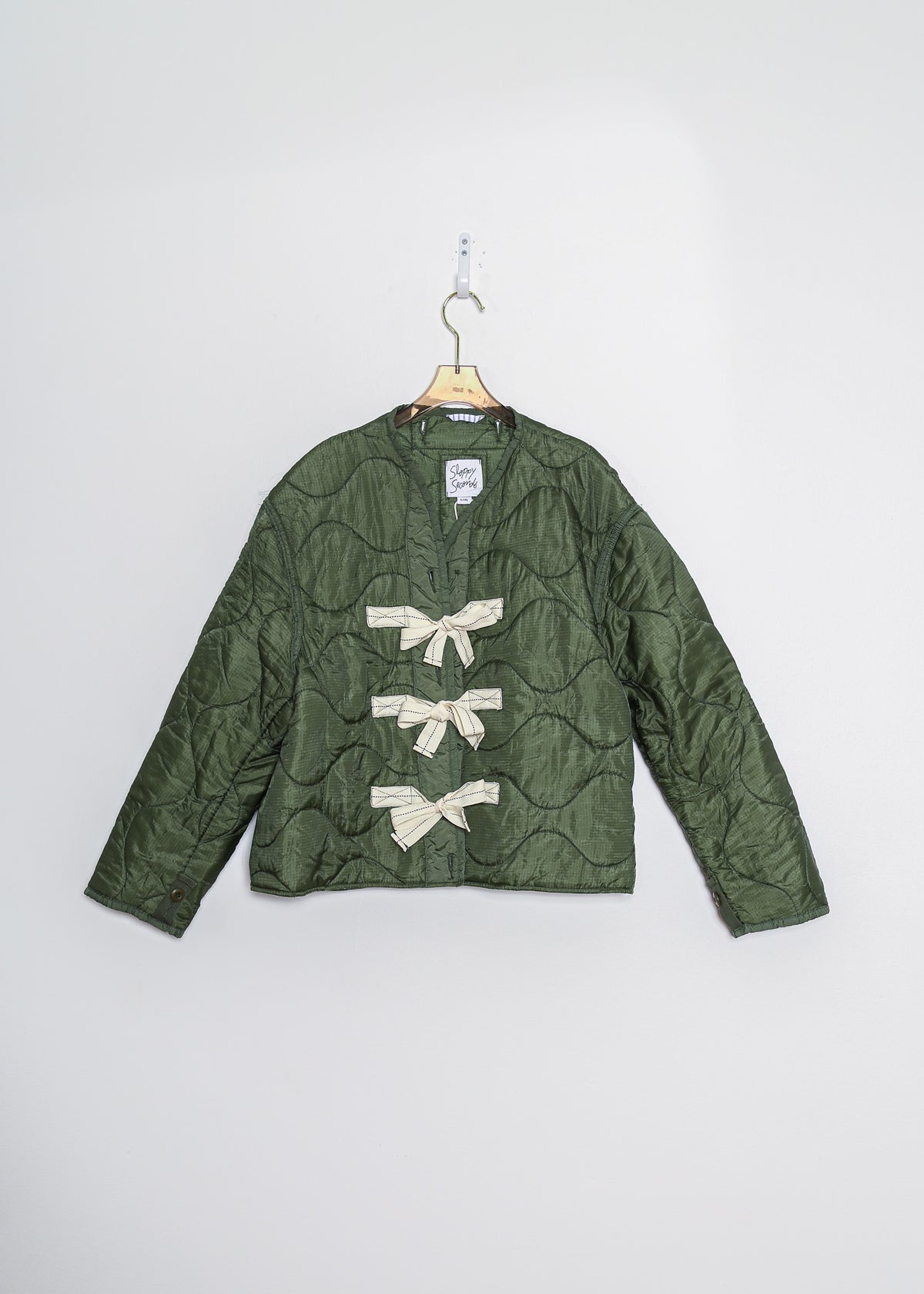 Green Army Liner Quilted Coat with Twill Tape Ties (Reworked)