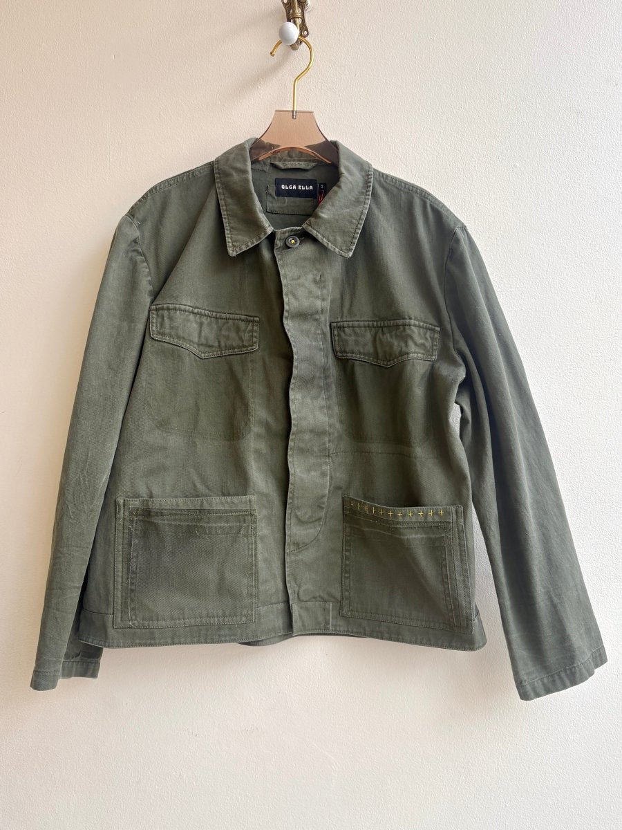 Fern Green Shirtjacket w/ Patch Pockets and Yellow Embroidery (Reworked) - Made X Hudson