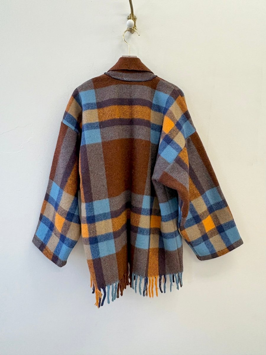 Brown, Gold & Blue Plaid Wool Heritage Blanket Coat - Made X Hudson