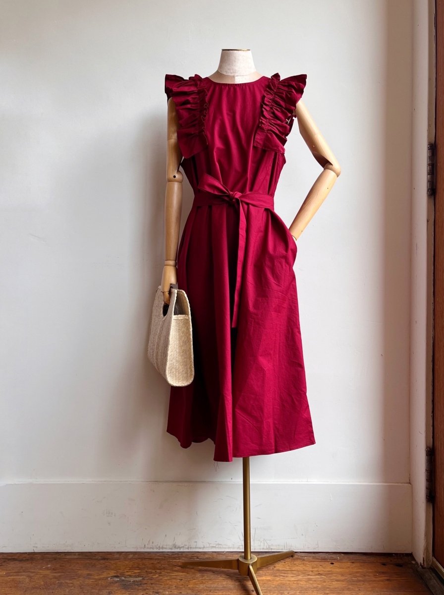 Cherry Bordeaux Sleeveless Cotton Aria Ruffle Dress w/ Belt - Made X Hudson