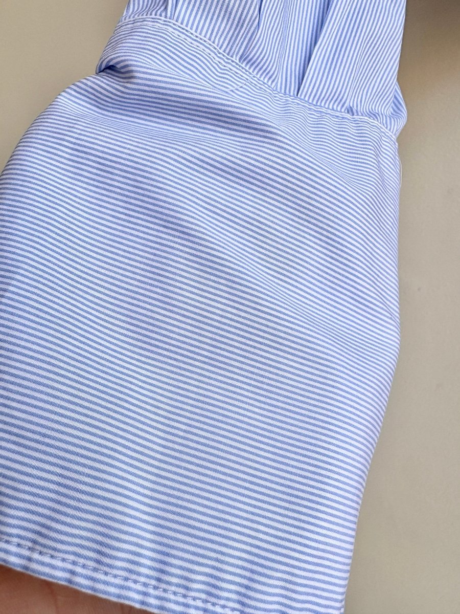 The Kevin Top | Mini Stripe Pale Blue & White Top w/ Gathered Waist (Reworked) - Made X Hudson