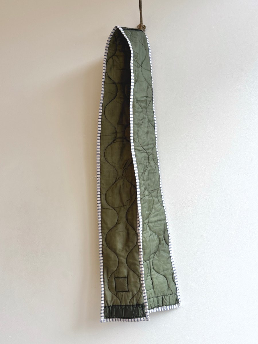 Dark Olive Green Army Liner Quilted Scarf w/ White & Blue Stripe Bias Accent (Reworked) - Made X Hudson